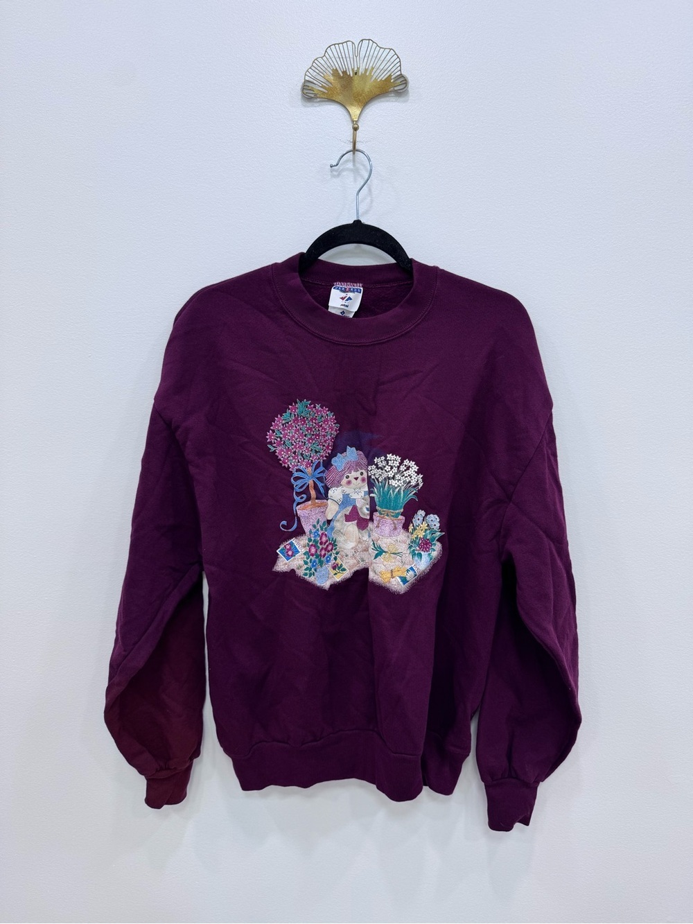 Jerzees screen print Cat & RaggedyAnn maroon crewneck sweatshirt Lg vintage USA